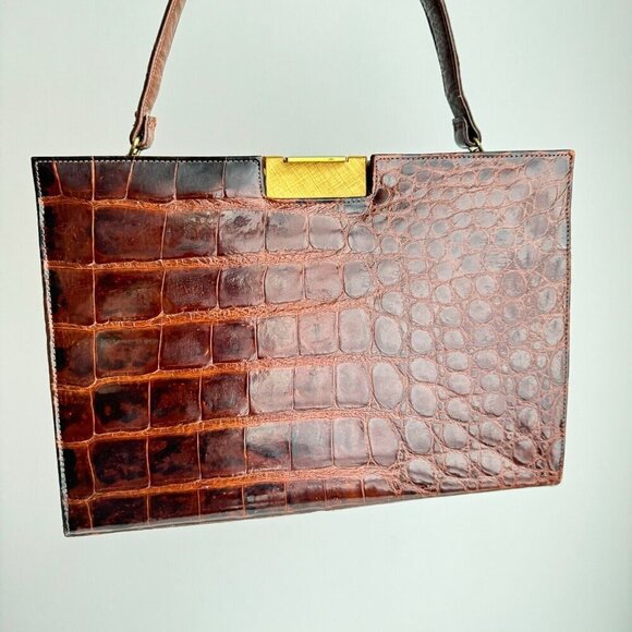 Vintage 50s 60s Crock Skin Brown medium Top Handle Bag - Picture 12 of 16